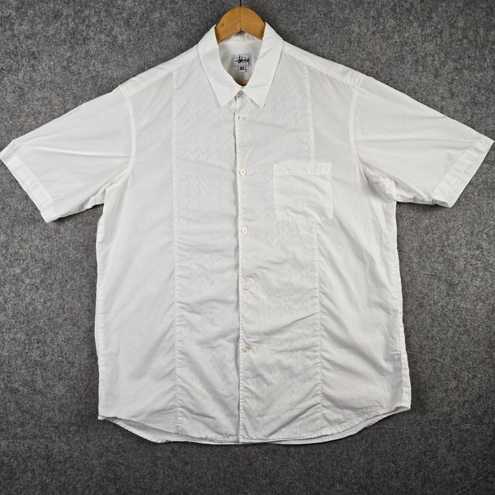 Stussy Button Up Shirt Mens XL White Embroidered Logo Short Sleeve Streetwear
